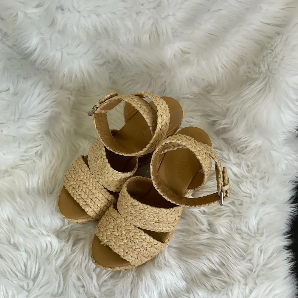 Polo Ralph Lauren Tan Ankle Strap Straw Wedge Sandals Size 7 EUR 37.5